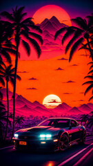 synthwave sunset scenery, a supercar driving down the road on an orange sunset, waves, mountains, palm trees, miami, 80s, warm, colourful, summer vibes, golden times	