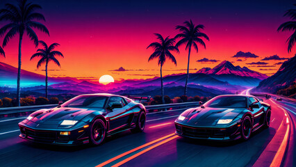 Obraz premium synthwave sunset scenery, a supercar driving down the road on an orange sunset, waves, mountains, palm trees, miami, 80s, warm, colourful, summer vibes, golden times 