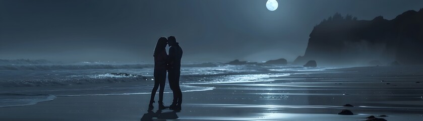 Couple sharing a quiet moment on a moonlit beach, valentine’s day vibes, background image, generative AI