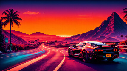 Fototapeta premium synthwave sunset scenery, a supercar driving down the road on an orange sunset, waves, mountains, palm trees, miami, 80s, warm, colourful, summer vibes, golden times 