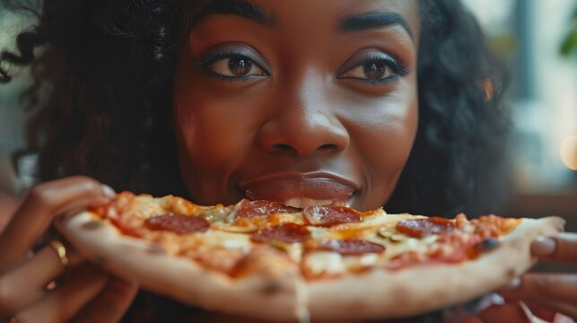 Close-up of a black female eating a delicious pizza, background image, generative AI