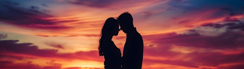 Silhouette of a couple embracing against a colorful sunset, valentine’s day vibes, background image, generative AI