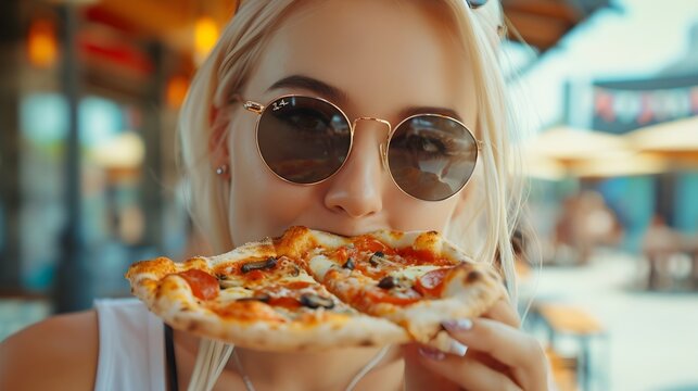 Close-up of a blonde woman wearing sunglasses eating a delicious pizza, background image, generative AI