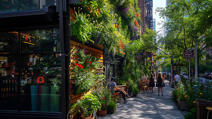 Plantas verdes exuberantes e flores coloridas caem pelos lados de um prédio urbano criando um oásis refrescante no coração da cidade