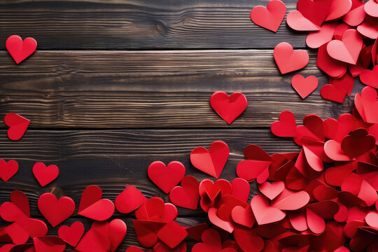Cut outs of love hearts from the red paper, valentines day concept, top view on the dark wooden table - Powered by Adobe