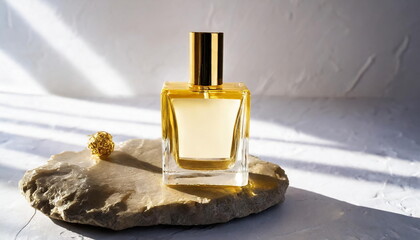Mockup of galss transparent perfume bottle on stone plate and shadows