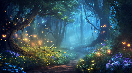 Enchanted forest with whimsical creatures, sparkling fireflies, and vibrant flora, creating a magical and whimsical scene, whimsical, enchanted forest, hd, with copy space