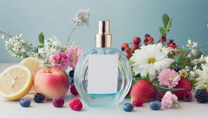 Transparent perfume bottle mock up with flowers, berries, fruits on background