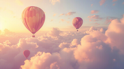 Naklejka premium Floating hot air balloons in a surreal sky filled with whimsical shapes and patterns, evoking a dreamy and fantastical atmosphere, whimsical, hot air balloons, hd, with copy space