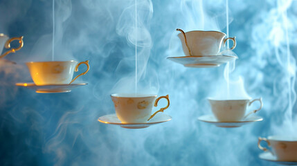 Fototapeta premium Teacups and saucers suspended in mid-air with whimsical trails of steam, bringing a touch of fantasy to a classic tea time setting, whimsical, tea party, hd, with copy space