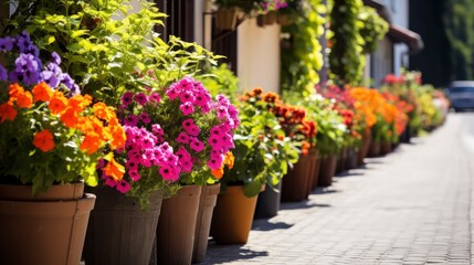 Naklejka premium Row of Flower Pots Placed Along a Roadside, Creating a Colorful Display