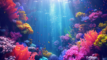 Fototapeta na wymiar Whimsical underwater world with fantastical sea creatures, colorful coral reefs, and ethereal lighting, transporting viewers to a magical ocean realm, whimsical, underwater fantasy