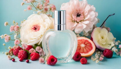 Transparent perfume bottle mock up with flowers, berries, fruits on background