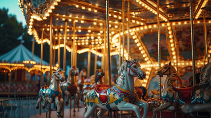 Whimsical carousel with intricately designed animals and glowing lights, capturing the nostalgic charm of a fairytale carnival, whimsical, carousel, hd, with copy space