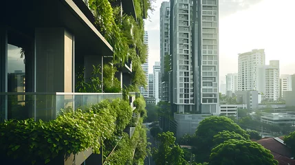 Keuken spatwand met foto Plantas exuberantes e verdes caem pelos lados de edifícios modernos e elegantes suavizando as linhas severas da paisagem urbana © Alexandre