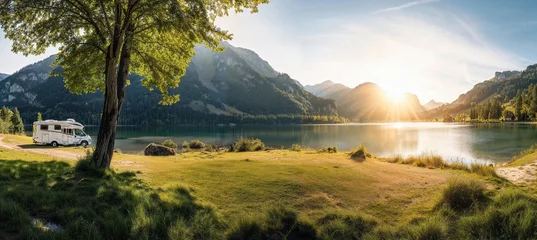 Gordijnen Motorhome camping on a mountain lake at sunrise © Gary