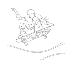 Skater girl performing a trick in the air continuous 
line vector illustration. Isolated Linear woman skateboarder. Summer Sport theme. Skater in the air on board.
