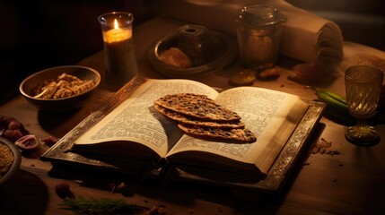 Naklejka na ściany i meble Table With Open Book and Plate of Food, Homey Scene of Reading and Dining, Passover
