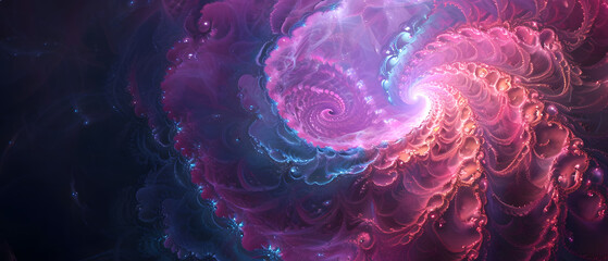 Embark on a mesmerizing journey through the cosmic depths of a vibrant magenta vortex, where fractal art and bursts of purple and violet colorfulness illuminate the vastness of the universe