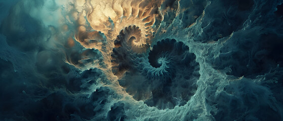A mesmerizing fusion of earth and sky, captured in a stunning screenshot of a spiraling blue and brown fractal in nature - obrazy, fototapety, plakaty