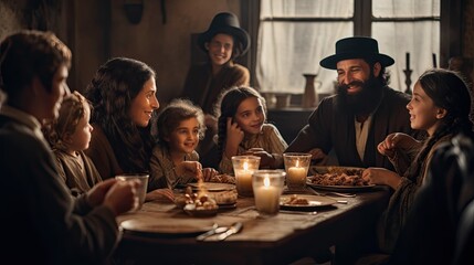 Group of People Sitting Around a Dinner Table, Passover - obrazy, fototapety, plakaty