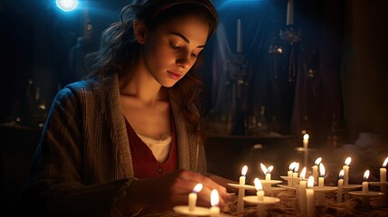 Woman Lighting Candles in a Dark Room, Passover