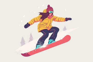 snowboarder jumping on the slope, flat illustration in colours yellow, pink and blue.