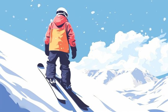 skier in jacket and dark pans and helmet on the hill on mountains, flat minimalistic illustration