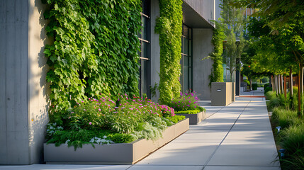 Cachos exuberantes de vinhas verdes caem pelo lado de um prédio moderno de concreto adicionando um toque refrescante da natureza à paisagem urbana