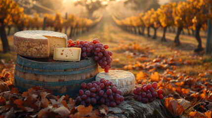 cheese and wine pairing, outdoor terrace overlooking vineyards, elegant morning indulgence and...