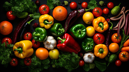 Horizontal view of numerous food with organic fresh colorful fruits and vegetables ai generated image
