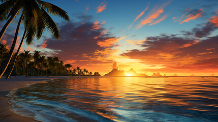 Fototapeta na wymiar Tropical ocean beach sunset picture with palm trees and ocean waves ai generated