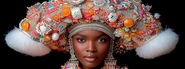 Buttoned Splendor, A Woman Blossoms Under the Extravagance of a Hat Adorned With Countless Buttons