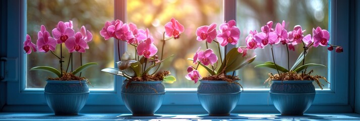 Orchids Blooming In Flower Pots On Window, Background Image, Background For Banner, HD