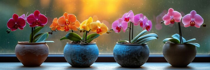 Orchids Blooming In Flower Pots On Window, Background Image, Background For Banner, HD