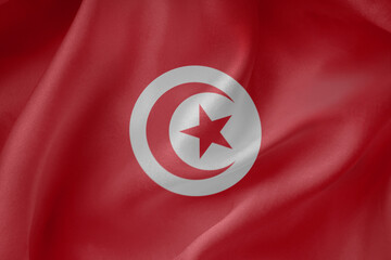 Tunisia waving flag close up fabric texture background