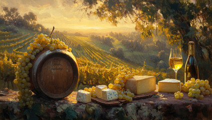 cheese and wine pairing, outdoor terrace overlooking vineyards, elegant morning indulgence and elegance, soft diffuse light