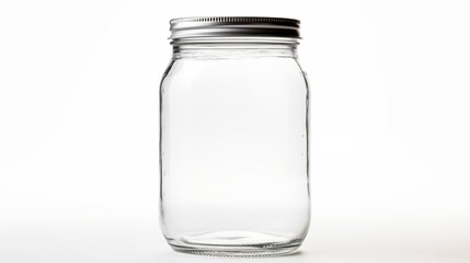 A transparent glass jar with a metallic lid, suitable for storing various items.
