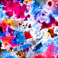 Vibrant, colorful and fluid abstract paint texture background in a modern and contemporary style with shades of blue, magenta, orange, white