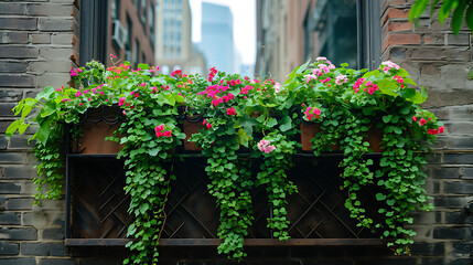 Fototapeta na wymiar Exuberantes videiras verdes sobem pelas paredes de uma varanda urbana pitoresca suas delicadas folhas balançando na suave brisa