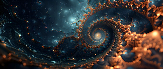 A mesmerizing fractal spiral of vibrant blue and fiery orange, illuminating the infinite depths of light and art