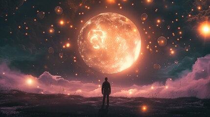 A lone figure stands before a massive moon amidst a surreal, glowing landscape with floating orbs and vibrant clouds.
