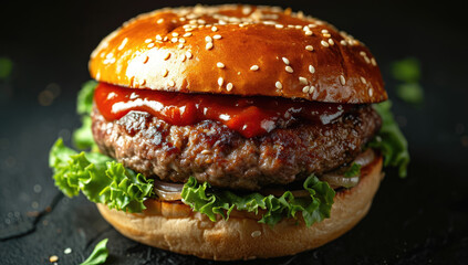 Food photography, classic cheeseburger, juicy beef patty with melting cheese, lettuce and tomato, with a dust explosion of sesame seeds, set on a marble stone