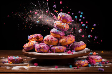 Sweet Symphony, Colorful Doughnuts in a Shower of Powdered Sugar. AI Generative. - obrazy, fototapety, plakaty