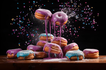 Sweet Symphony, Colorful Doughnuts in a Shower of Powdered Sugar. AI Generative. - obrazy, fototapety, plakaty