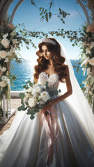 a beautiful young bride in a long corset wedding dress holds a wedding bouquet of roses and eucalyptus leaves, tied with a silk satin ribbon, stands near a beautiful wedding arch decorated with roses 