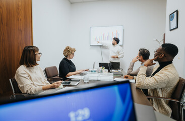 Diverse colleagues collaborate on project details in an office, maximizing profitability and seizing opportunities through teamwork and creative problem-solving.