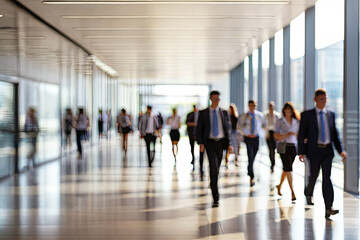 Dynamic office scenes in motion blur, embodying the modern work environment with bustling professionals, conveying energy and productivity.