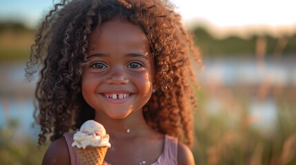 black child smiling with ice cream cone in hand - obrazy, fototapety, plakaty