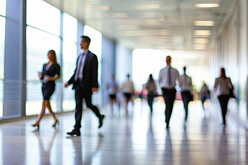 Fototapeta premium Dynamic office scenes in motion blur, embodying the modern work environment with bustling professionals, conveying energy and productivity.